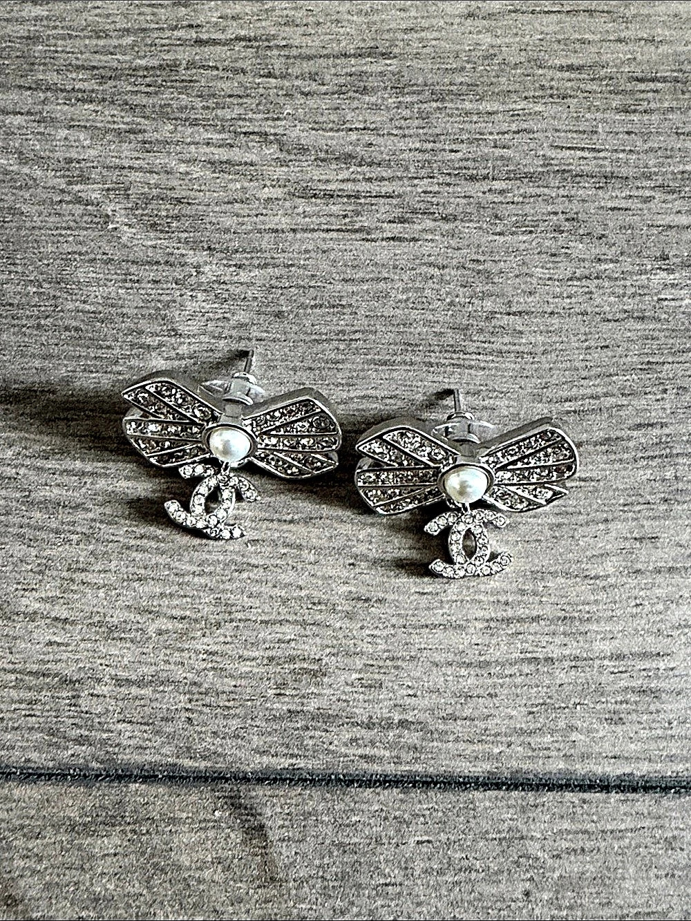 Chanel Crystal Pearl CC Bow Drop Earrings